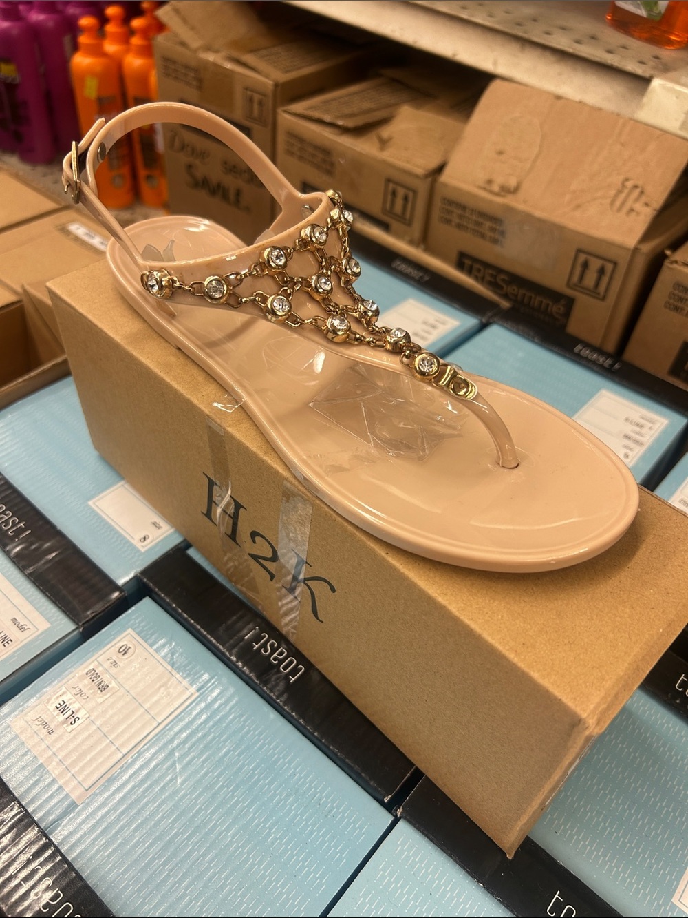 Bejeweled Nude T-Strap Jelly Sandals with Rhinestone Accents